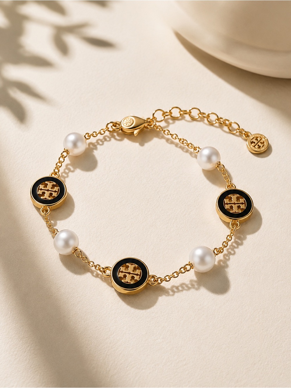 Tory Burch Black Enamel Double T Logo Pearl Bracelet Gold Tone NWT